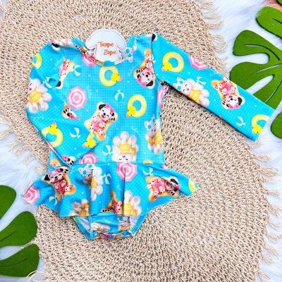 Linha Praia - Maiô Manga Longa Pets com Badinho - Verde Água